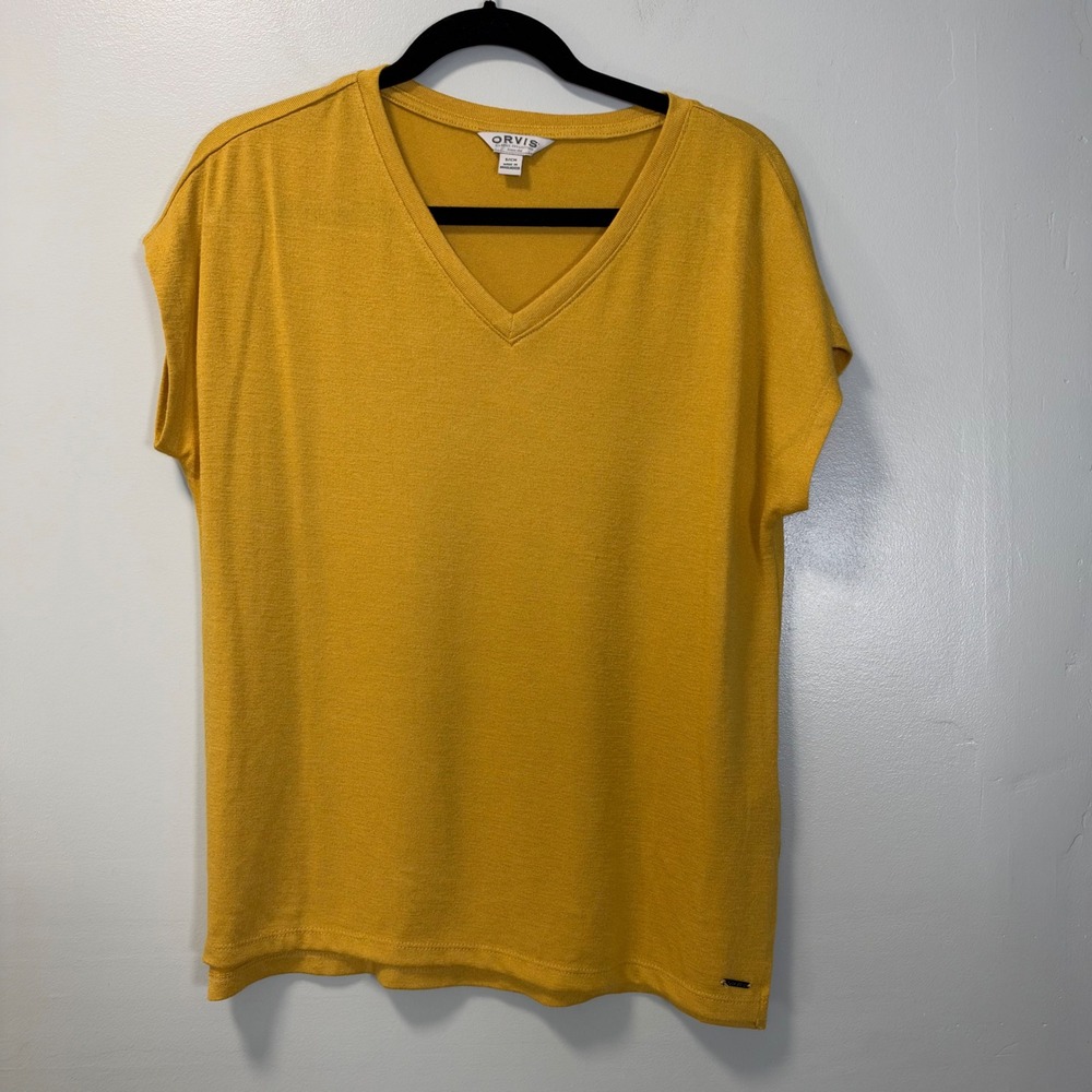Orvis Mustard Yellow V-Neck Short Sleeve Knit Top Small 1491578